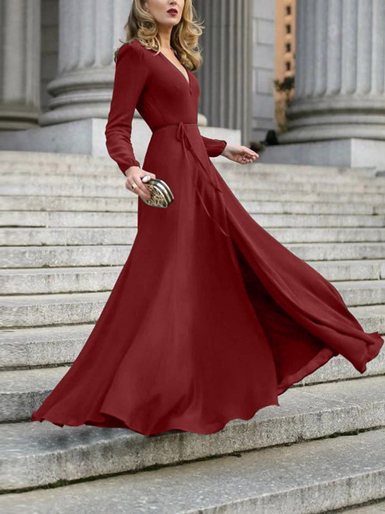 V-Neck Long Sleeve Wrap Tie-Waist Maxi Gown