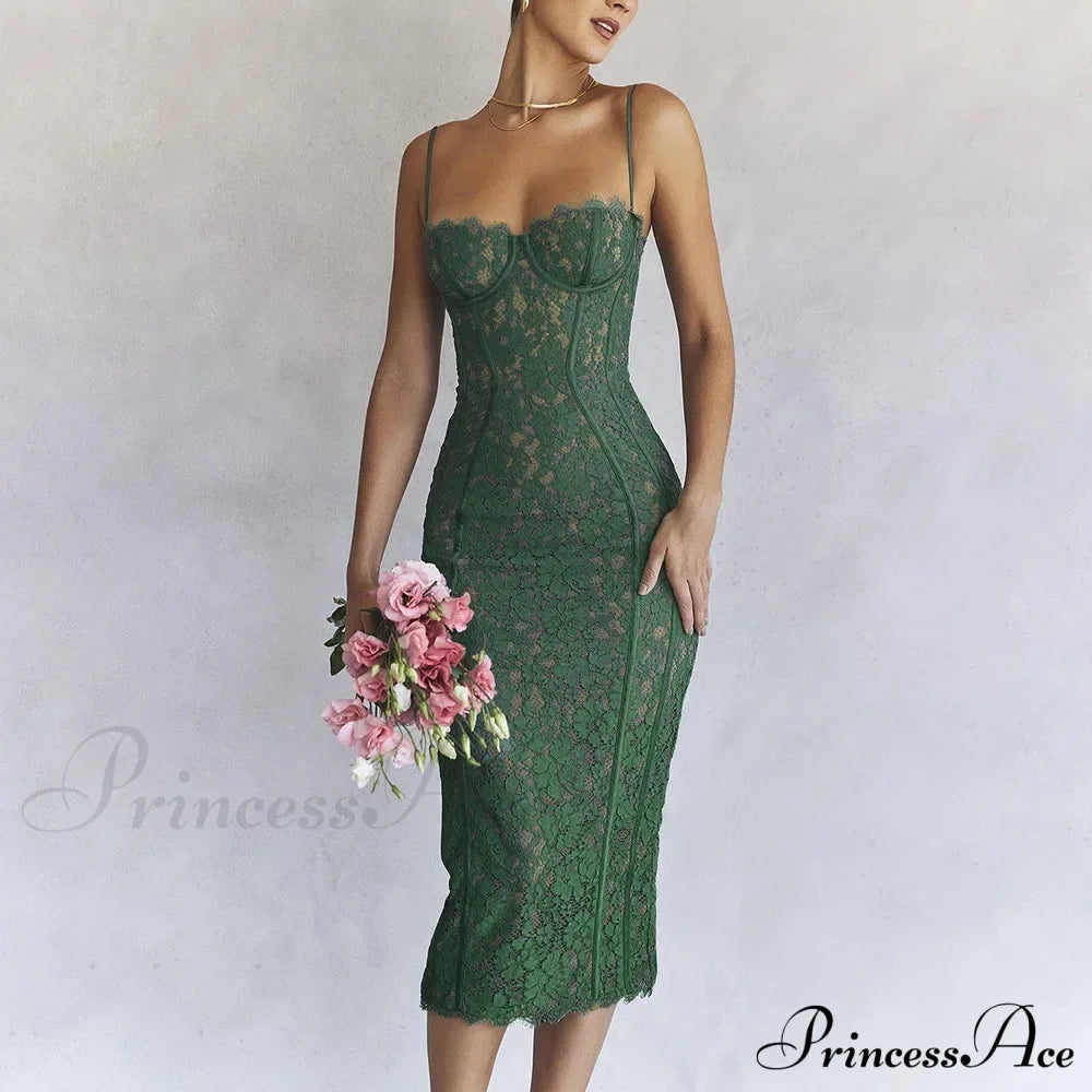 Elegant Spaghetti Strap V Neck Lace Formal Occasion Dress For Christmas Party Green / S Dresses-L