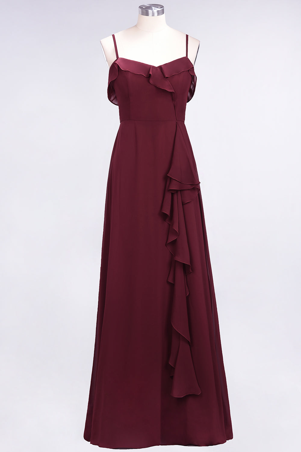 Elegant Spaghetti Straps Ruffle Burgundy Chiffon Dresses Affordable - Fashionpara