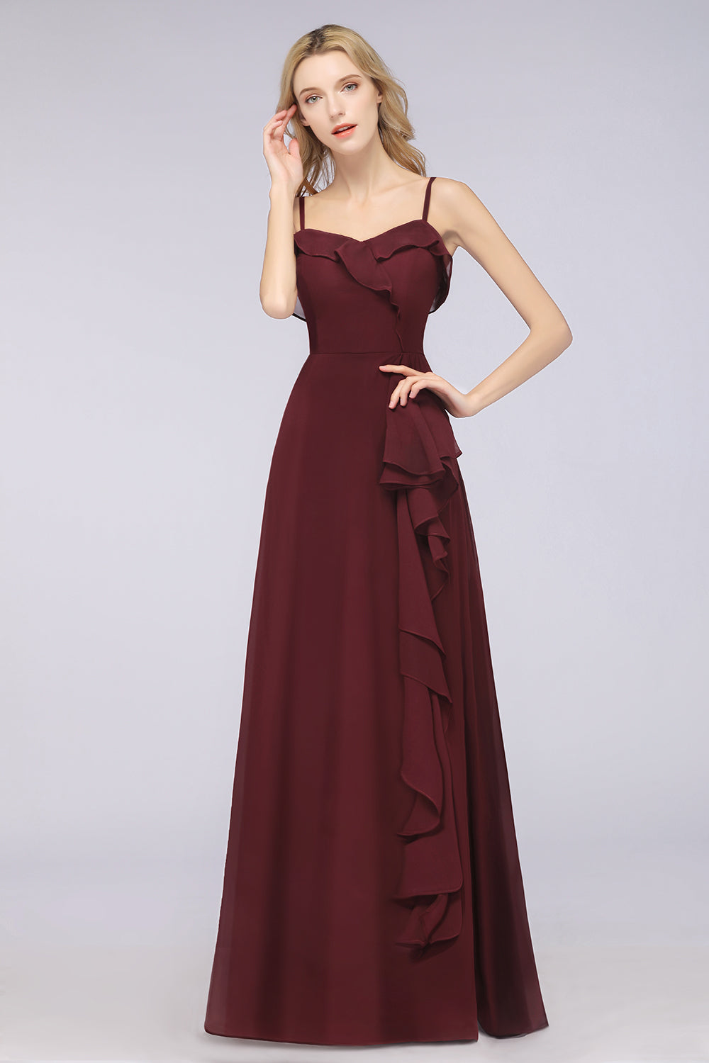Elegant Spaghetti Straps Ruffle Burgundy Chiffon Dresses Affordable - Fashionpara