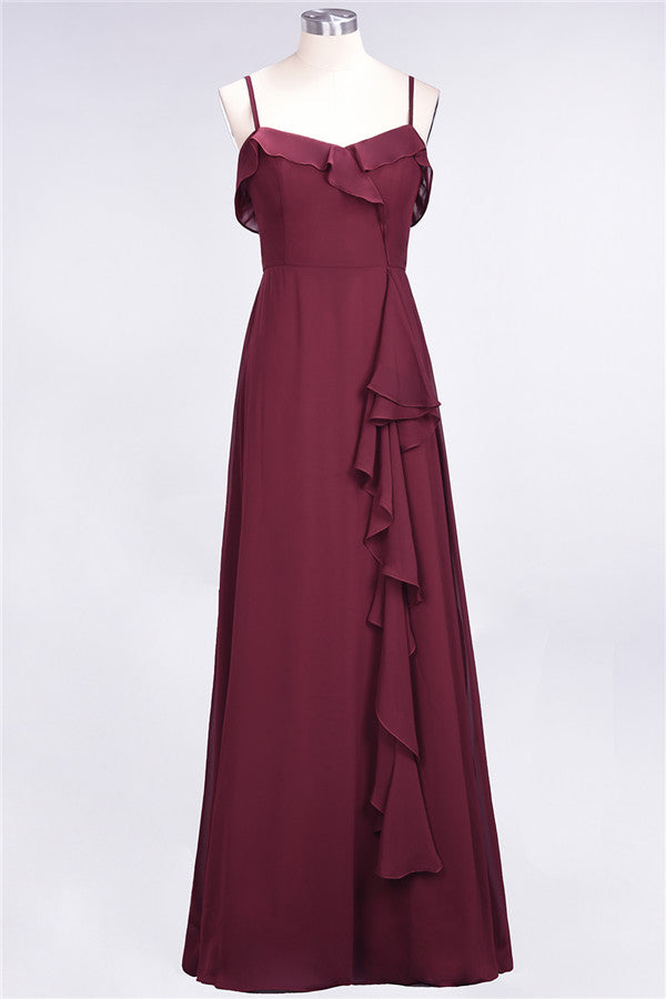 Elegant Spaghetti Straps Ruffle Burgundy Chiffon Dresses Affordable