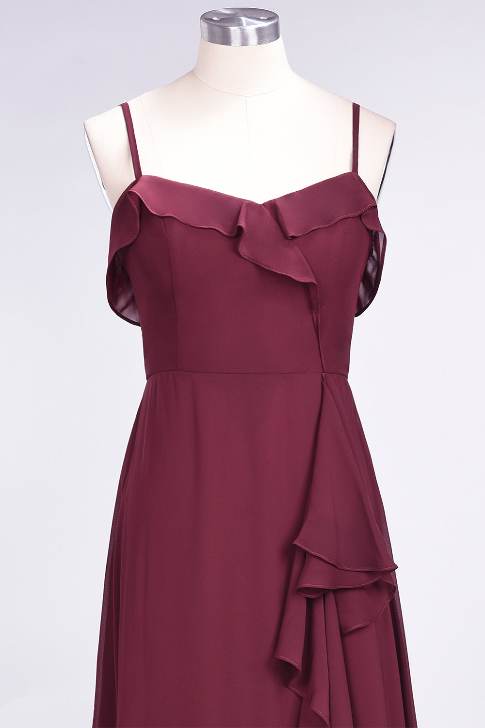 Elegant Spaghetti Straps Ruffle Burgundy Chiffon Dresses Affordable