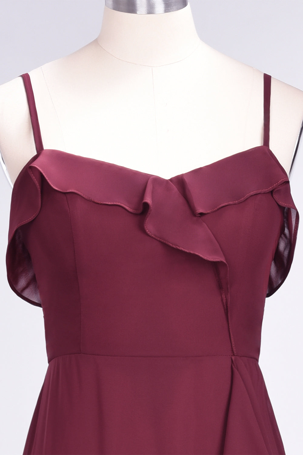 Elegant Spaghetti Straps Ruffle Burgundy Chiffon Dresses Affordable