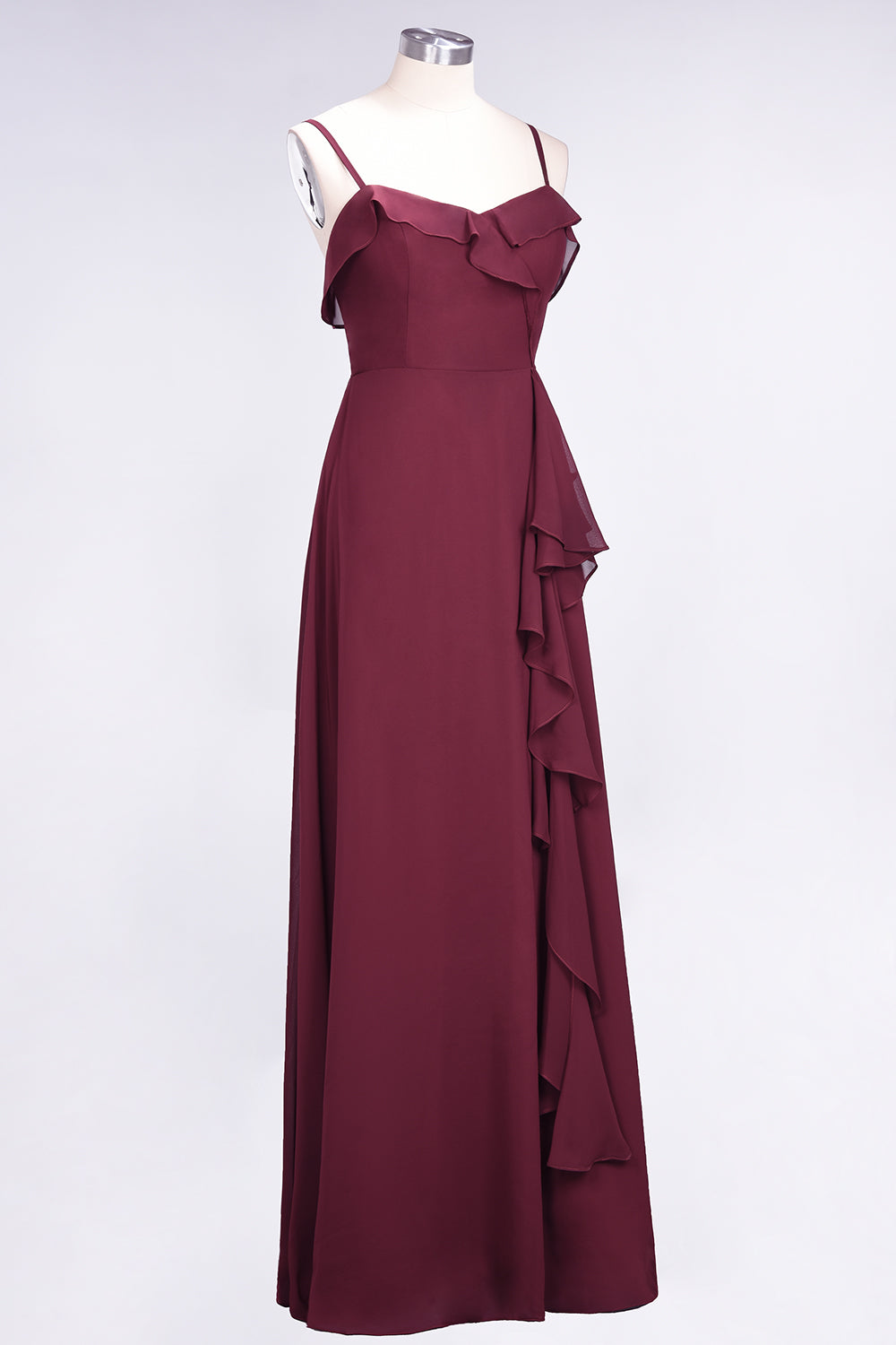 Elegant Spaghetti Straps Ruffle Burgundy Chiffon Dresses Affordable