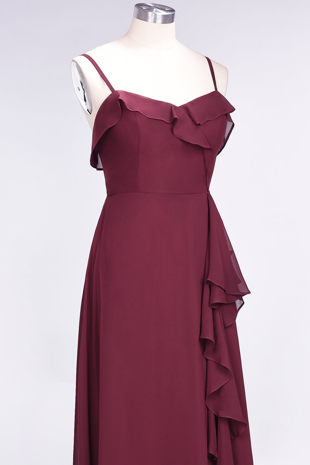 Elegant Spaghetti Straps Ruffle Burgundy Chiffon Dresses Affordable
