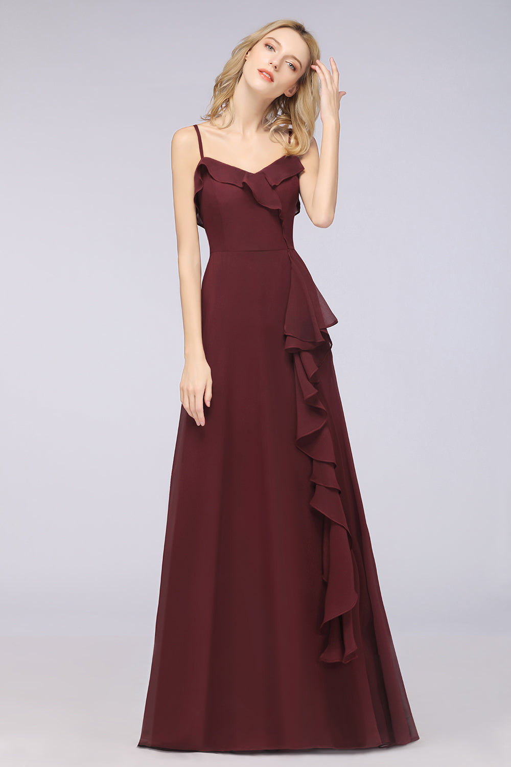 Elegant Spaghetti Straps Ruffle Burgundy Chiffon Dresses Affordable - Fashionpara