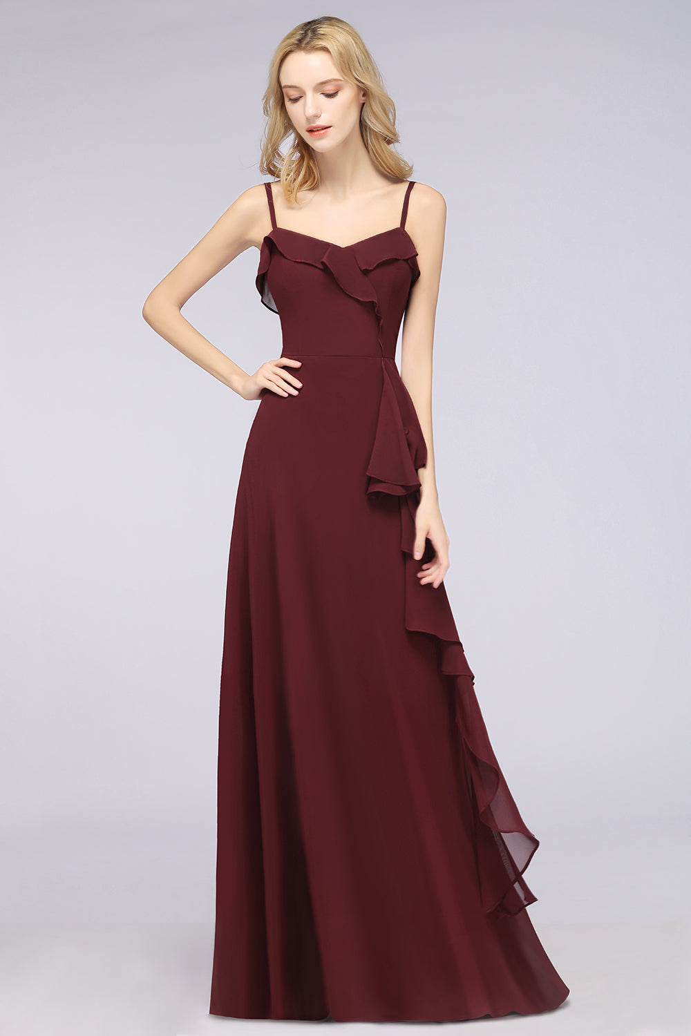 Elegant Spaghetti Straps Ruffle Burgundy Chiffon Dresses Affordable - Fashionpara