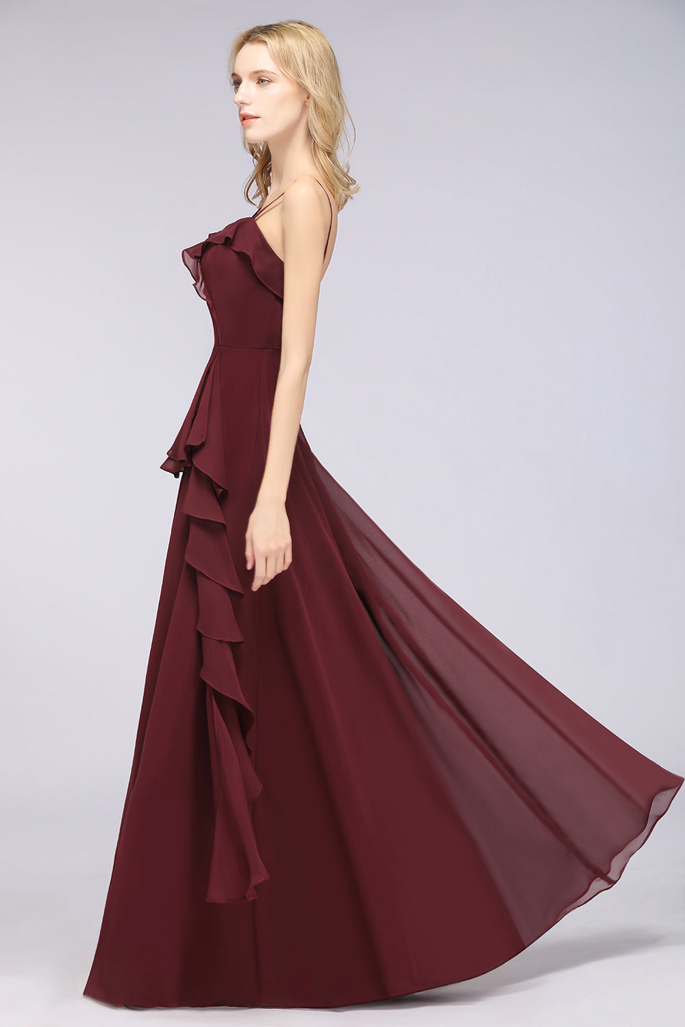Elegant Spaghetti Straps Ruffle Burgundy Chiffon Dresses Affordable - Fashionpara