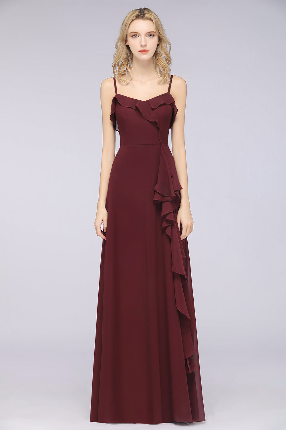Elegant Spaghetti Straps Ruffle Burgundy Chiffon Dresses Affordable