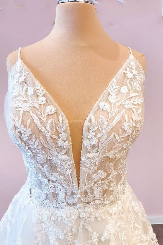 Elegant Spaghetti-Straps Sleeveless Tulle Lace Wedding Dress - Fashionpara