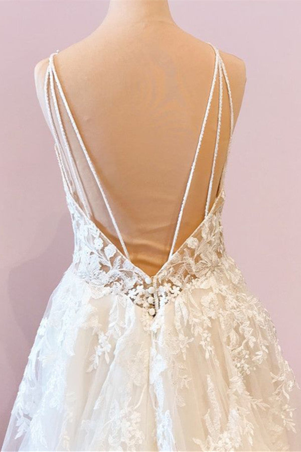 Elegant Spaghetti-Straps Sleeveless Tulle Lace Wedding Dress - Fashionpara