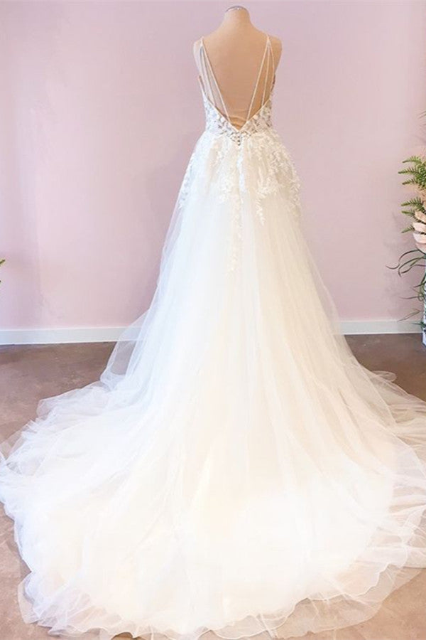 Elegant Spaghetti-Straps Sleeveless Tulle Lace Wedding Dress - Fashionpara