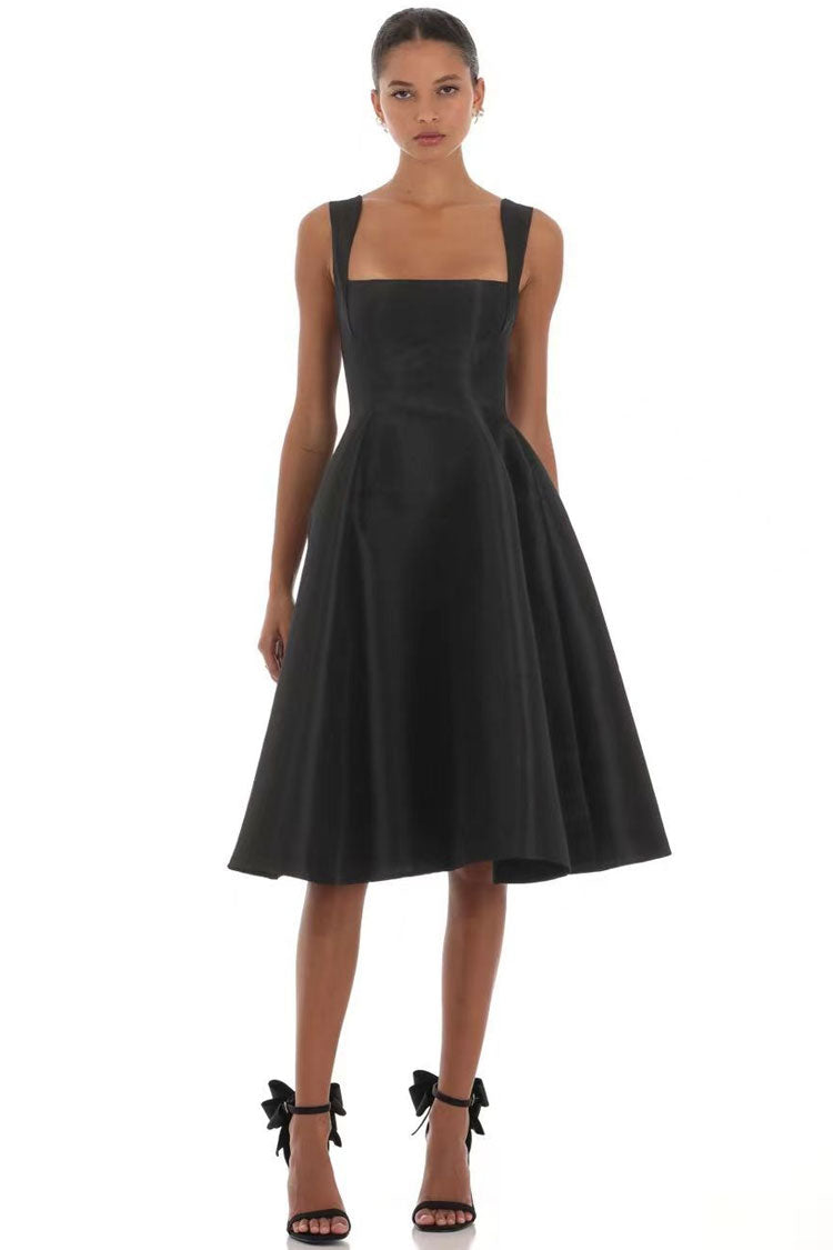 Elegant Square Neck Sleeveless Bow Tie Fit & Flare Cocktail Midi Dress