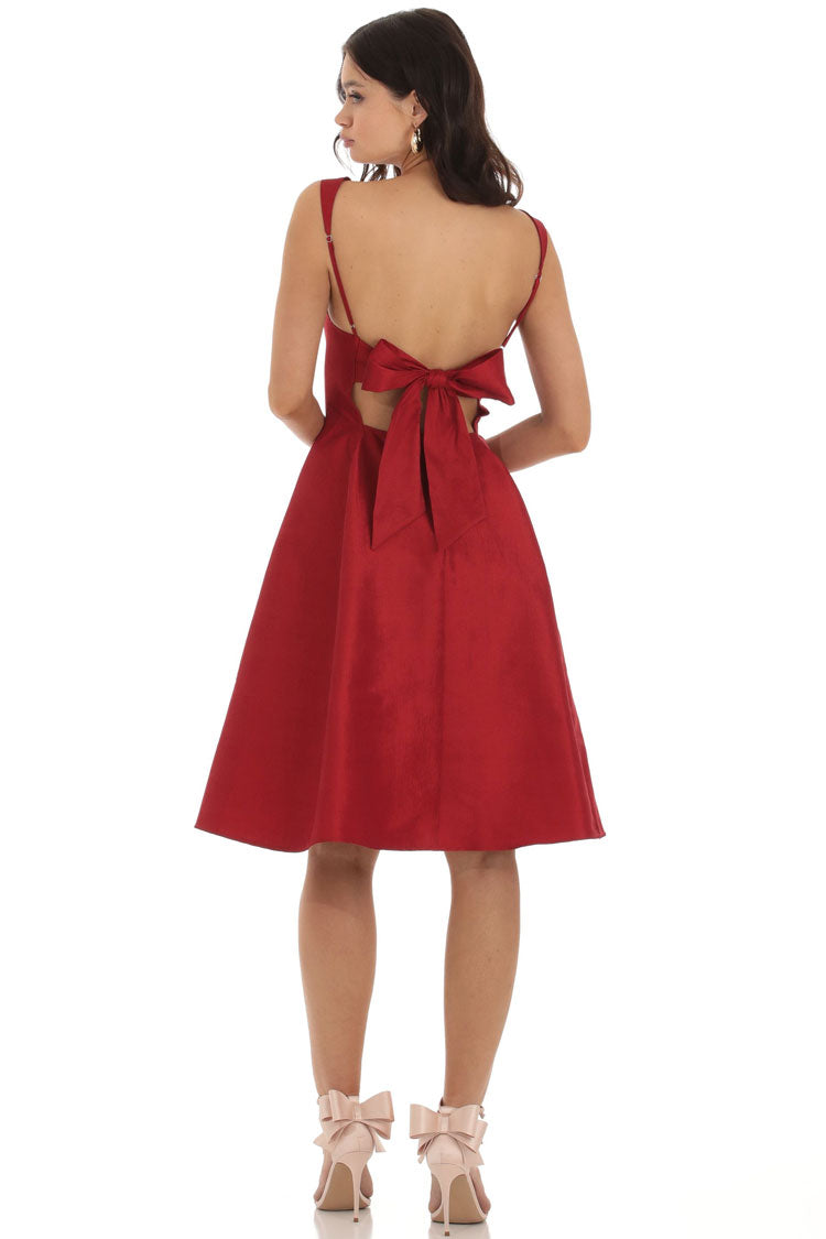 Elegant Square Neck Sleeveless Bow Tie Fit & Flare Cocktail Midi Dress