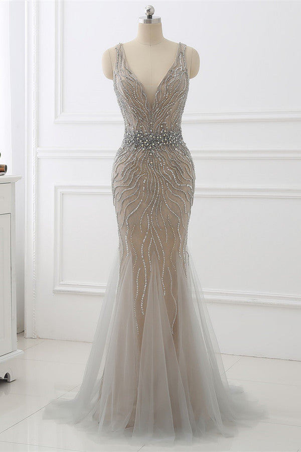 Elegant Strap V-Neck Sleeveless Mermaid Prom Dresses with Beadings Ruffles - Fashionpara