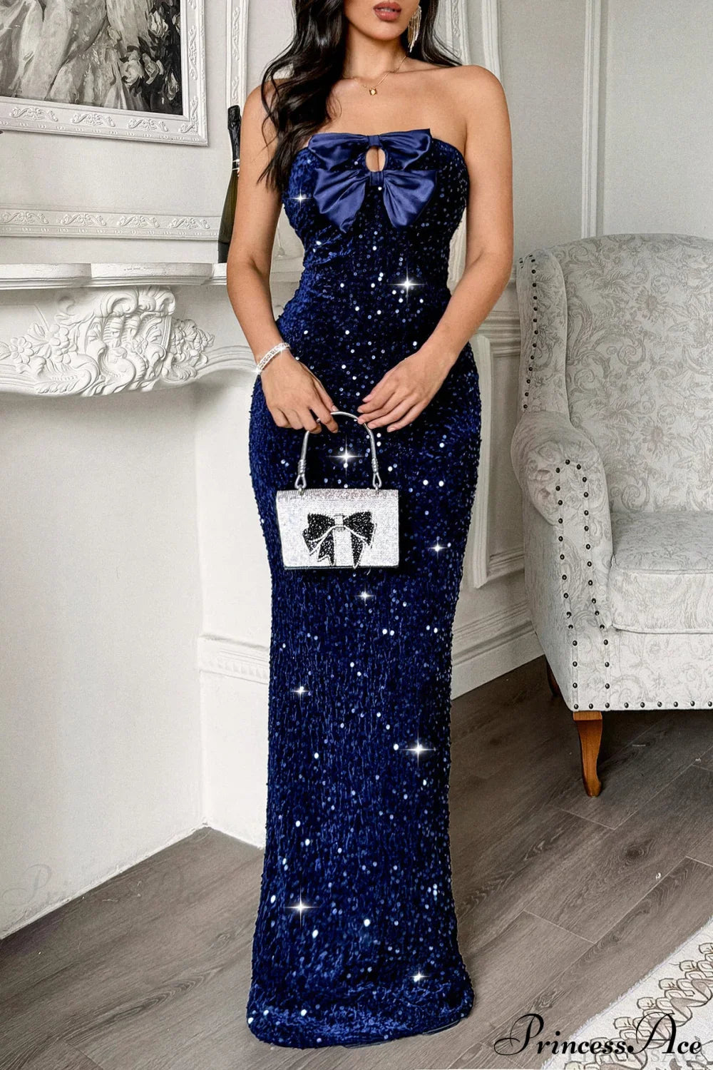 Elegant Strapless Formal Maxi Dress Blue / S