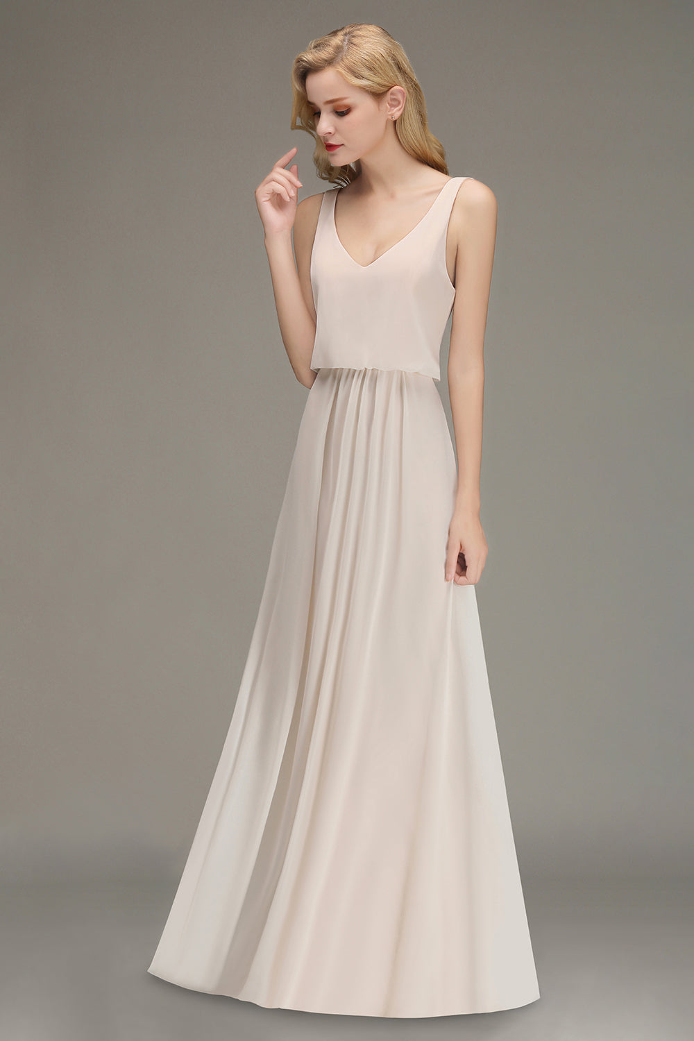 Elegant Straps V-Neck Long Affordable Bridesmaid dresses with Ruffle - Fashionpara