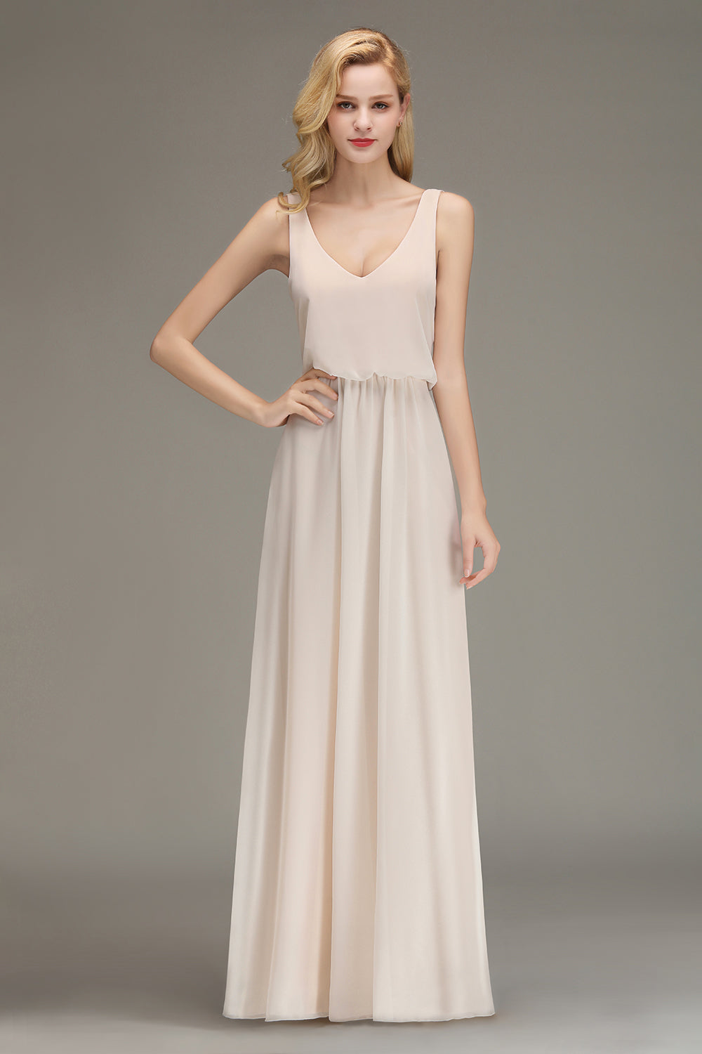 Elegant Straps V-Neck Long Affordable Bridesmaid dresses with Ruffle - Fashionpara