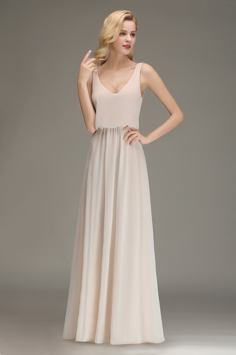 Elegant Straps V-Neck Long Affordable Bridesmaid dresses with Ruffle - Fashionpara