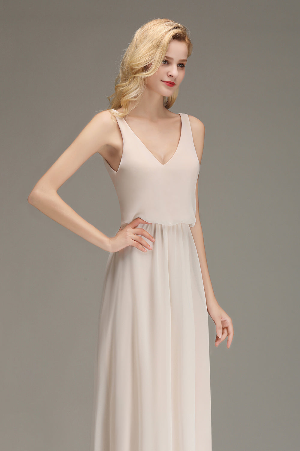 Elegant Straps V-Neck Long Affordable Bridesmaid dresses with Ruffle - Fashionpara