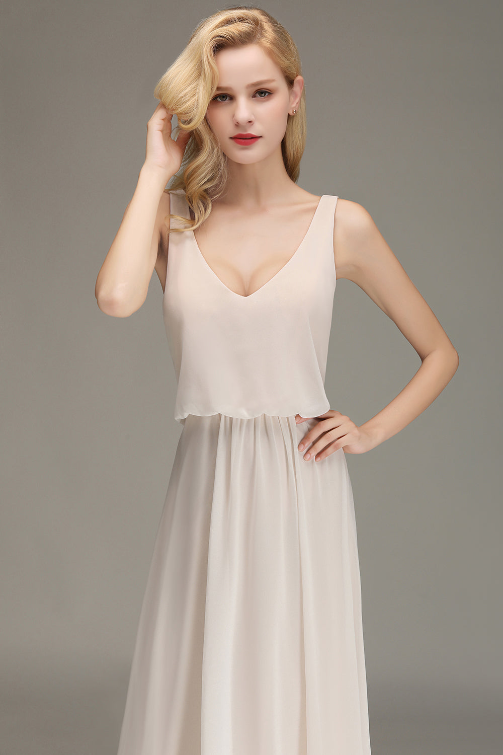 Elegant Straps V-Neck Long Affordable Bridesmaid dresses with Ruffle - Fashionpara