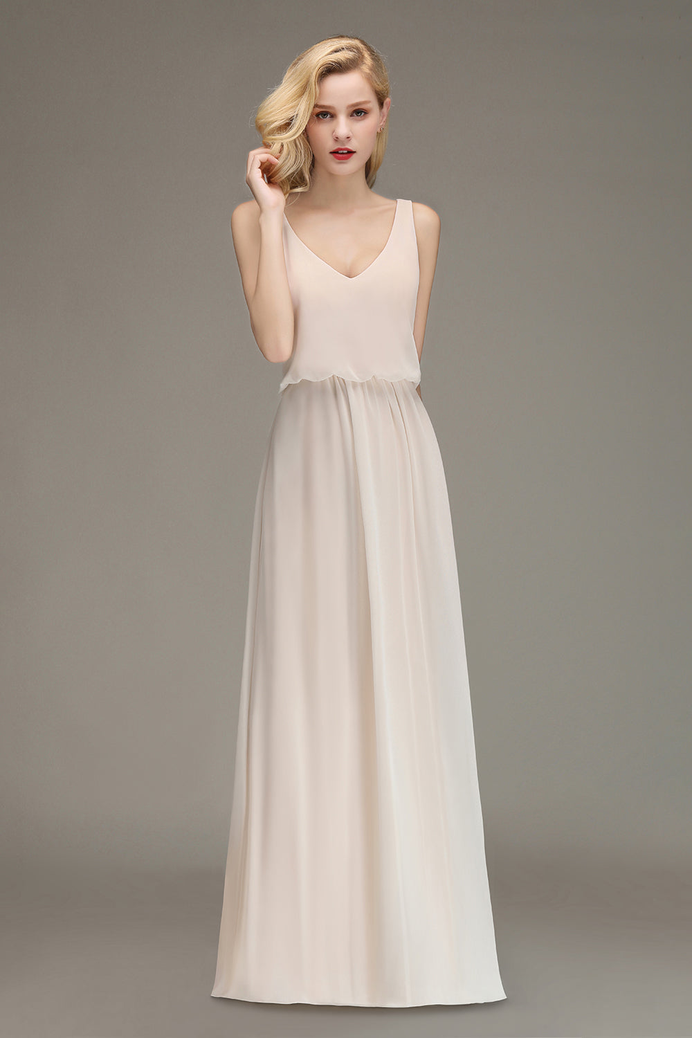 Elegant Straps V-Neck Long Affordable Bridesmaid dresses with Ruffle - Fashionpara
