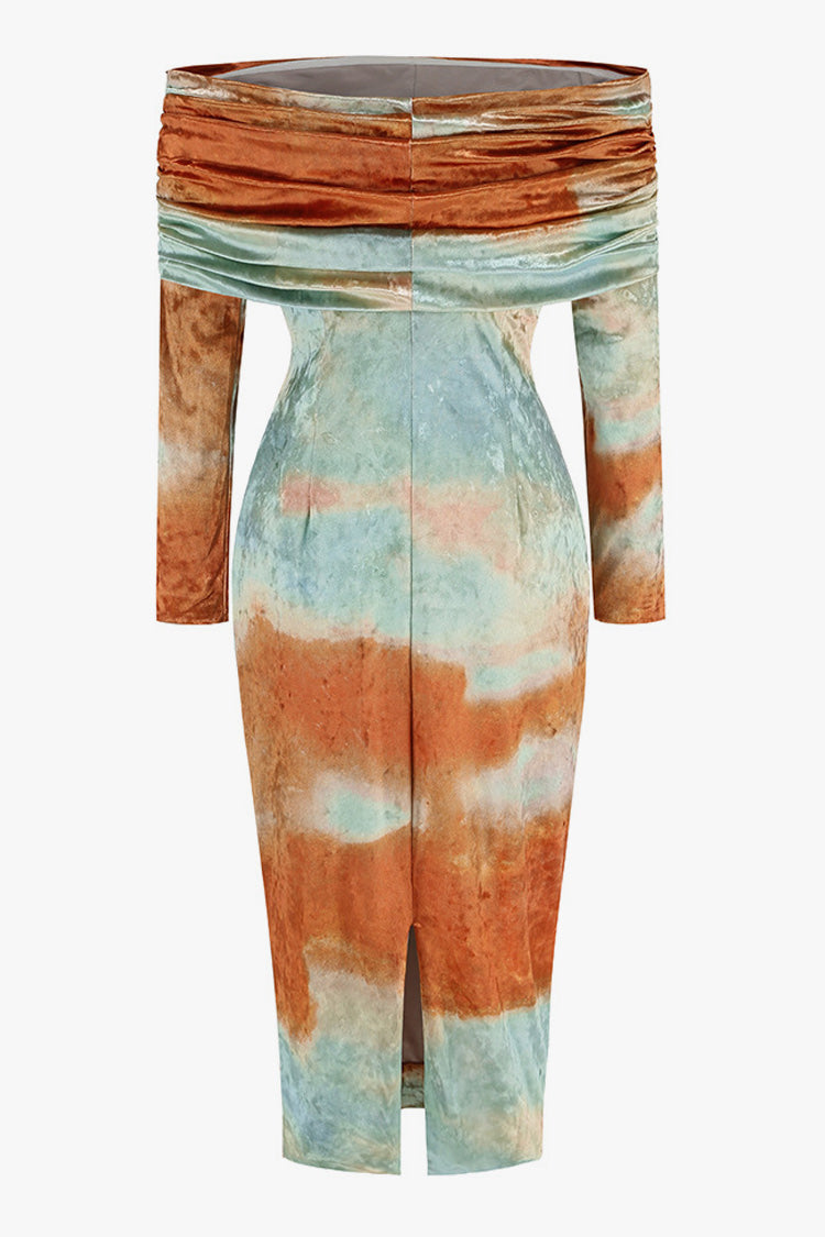 Elegant Sunset Tie Dye Ruched Off Shoulder Long Sleeve Velvet Cocktail Midi Dress - Fashionpara