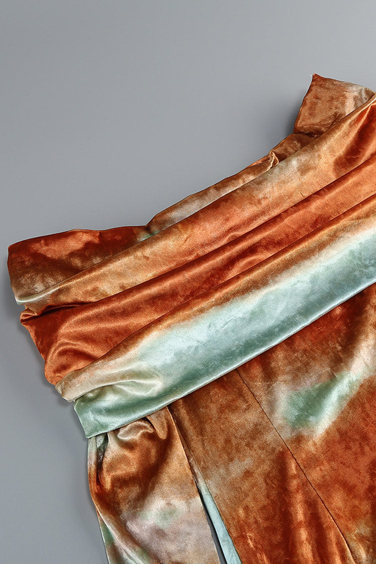 Elegant Sunset Tie Dye Ruched Off Shoulder Long Sleeve Velvet Cocktail Midi Dress - Fashionpara