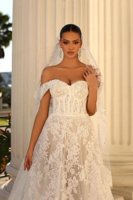 Elegant Sweetheart Cap Sleeves A-Line Lace Bridal Dress - Fashionpara