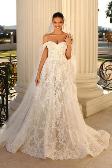 Elegant Sweetheart Cap Sleeves A-Line Lace Bridal Dress - Fashionpara