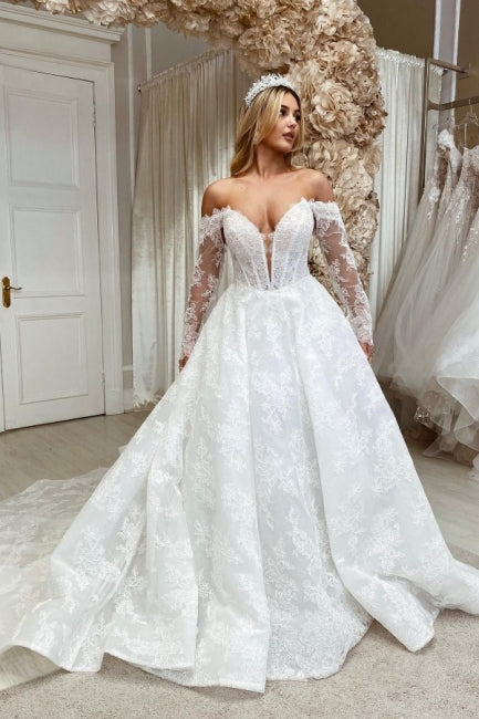 Elegant Sweetheart Long Sleeve A-Line Lace Wedding Dress - Fashionpara