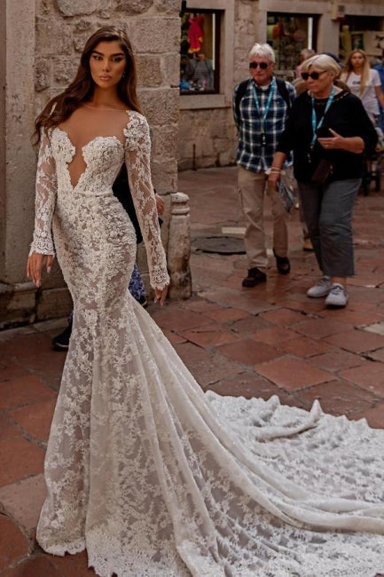 Elegant Sweetheart Long Sleeves Mermaid Lace Bridal Gown - Fashionpara