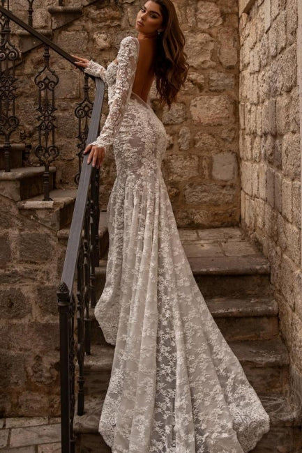 Elegant Sweetheart Long Sleeves Mermaid Lace Bridal Gown - Fashionpara