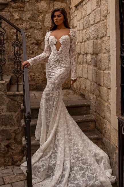 Elegant Sweetheart Long Sleeves Mermaid Lace Bridal Gown - Fashionpara