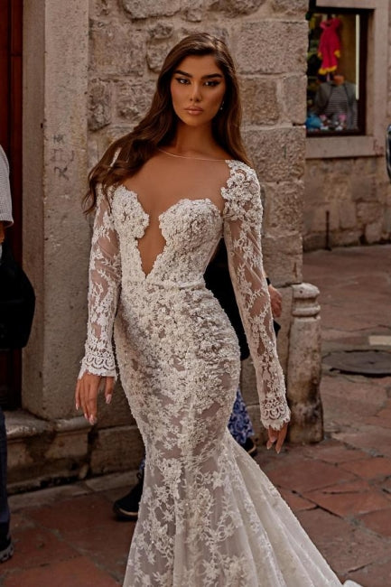 Elegant Sweetheart Long Sleeves Mermaid Lace Bridal Gown - Fashionpara