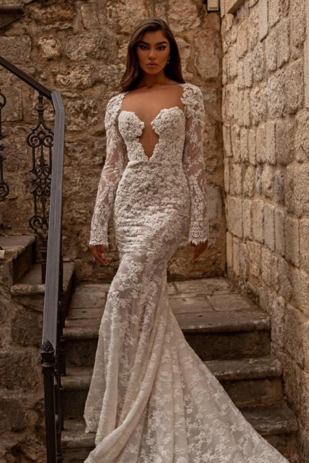 Elegant Sweetheart Long Sleeves Mermaid Lace Bridal Gown - Fashionpara