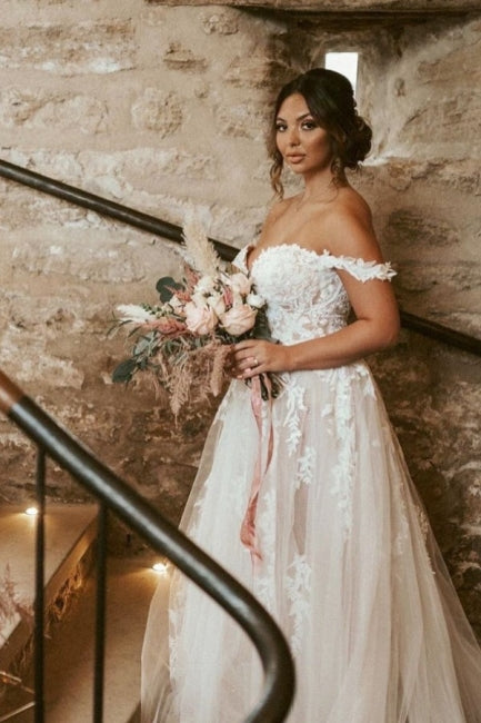 Elegant Sweetheart Off-the-Shoulder Cap Sleeve A-Line Lace Wedding Gown - Fashionpara