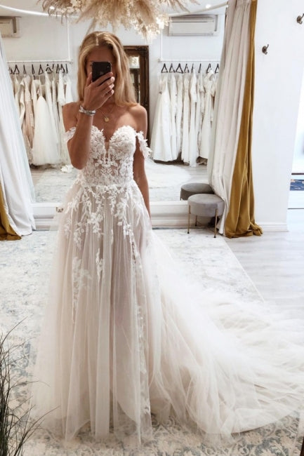 Elegant Sweetheart Off-the-Shoulder Cap Sleeve A-Line Lace Wedding Gown - Fashionpara