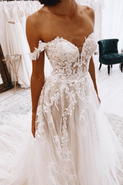 Elegant Sweetheart Off-the-Shoulder Cap Sleeve A-Line Lace Wedding Gown - Fashionpara