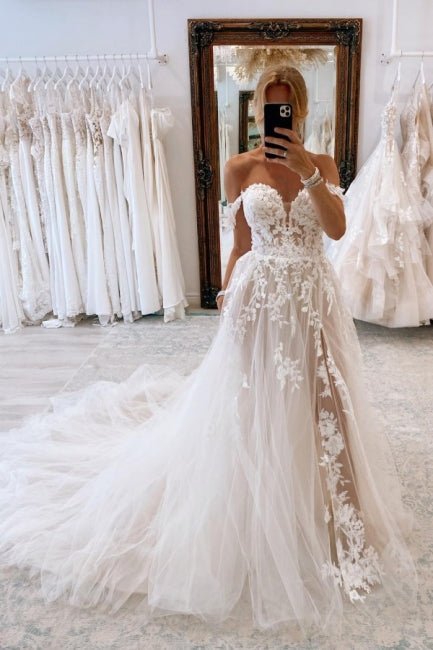 Elegant Sweetheart Off-the-Shoulder Cap Sleeve A-Line Lace Wedding Gown - Fashionpara