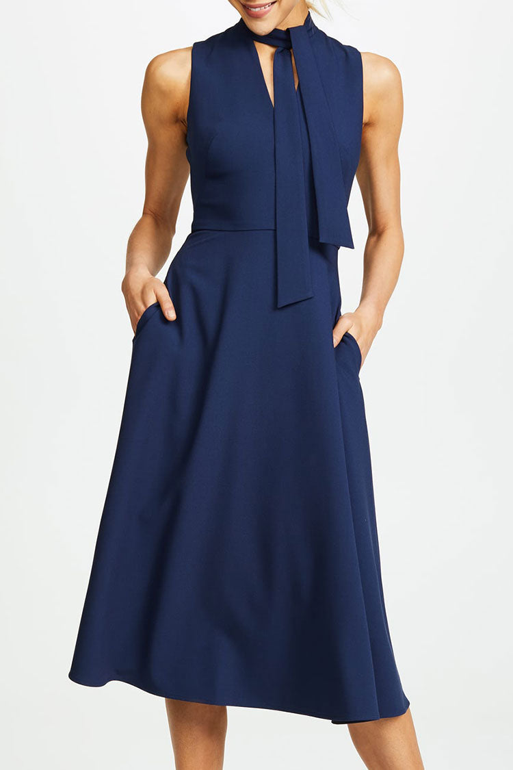 Elegant Tie Neck Sleeveless Fit & Flare Skater Midi Dress - Navy Blue Fashionpara