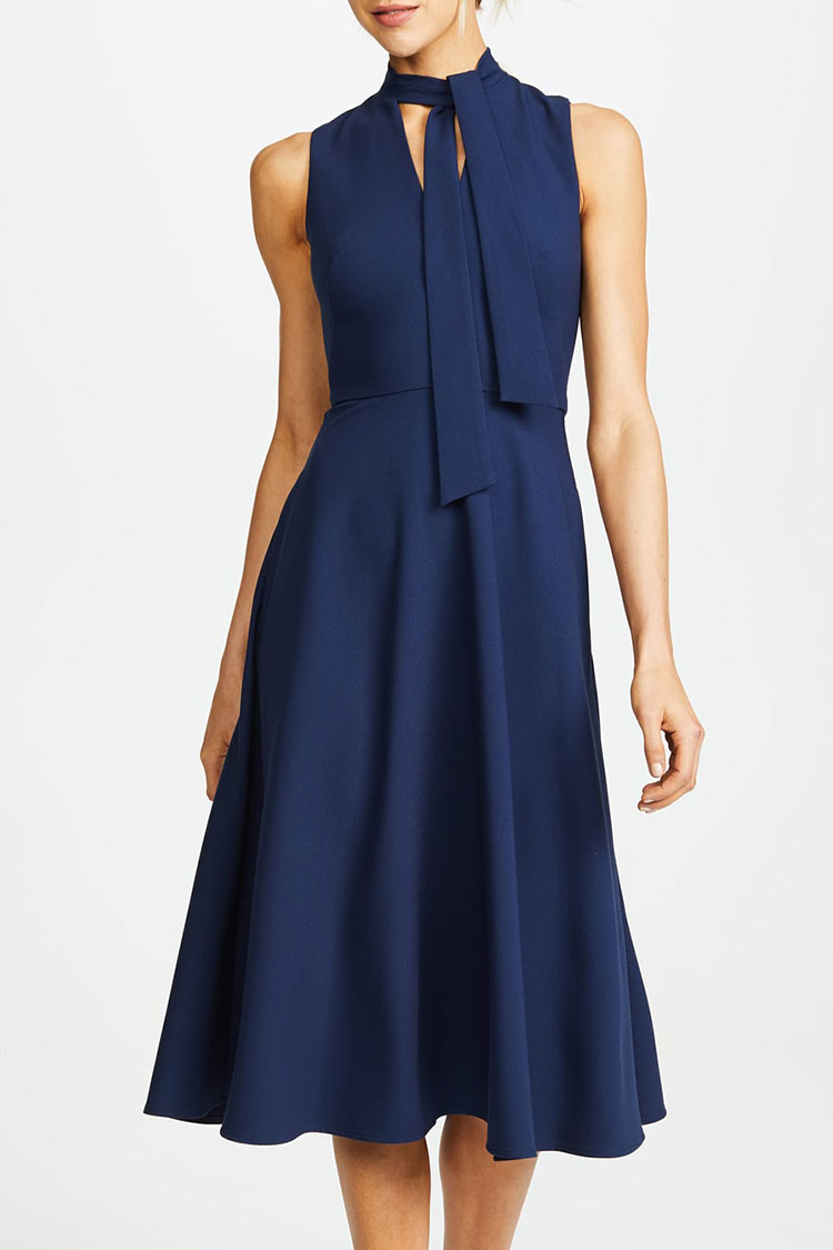 Elegant Tie Neck Sleeveless Fit & Flare Skater Midi Dress - Navy Blue Fashionpara