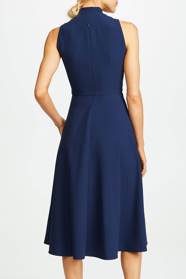 Elegant Tie Neck Sleeveless Fit & Flare Skater Midi Dress - Navy Blue Fashionpara