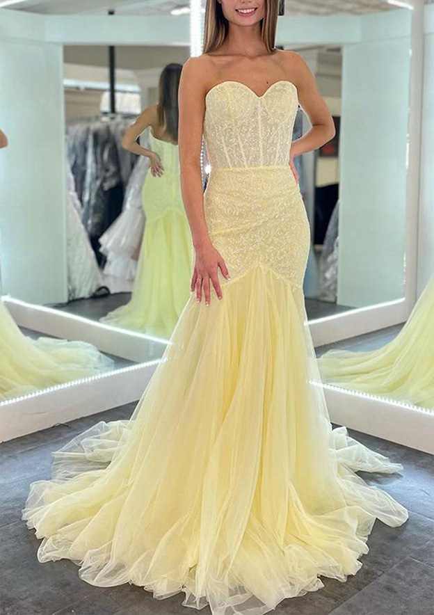 Elegant Trumpet/Mermaid Sweetheart Strapless Prom Dress/Evening Dress with Sequins and Sweep Train - Fashionpara