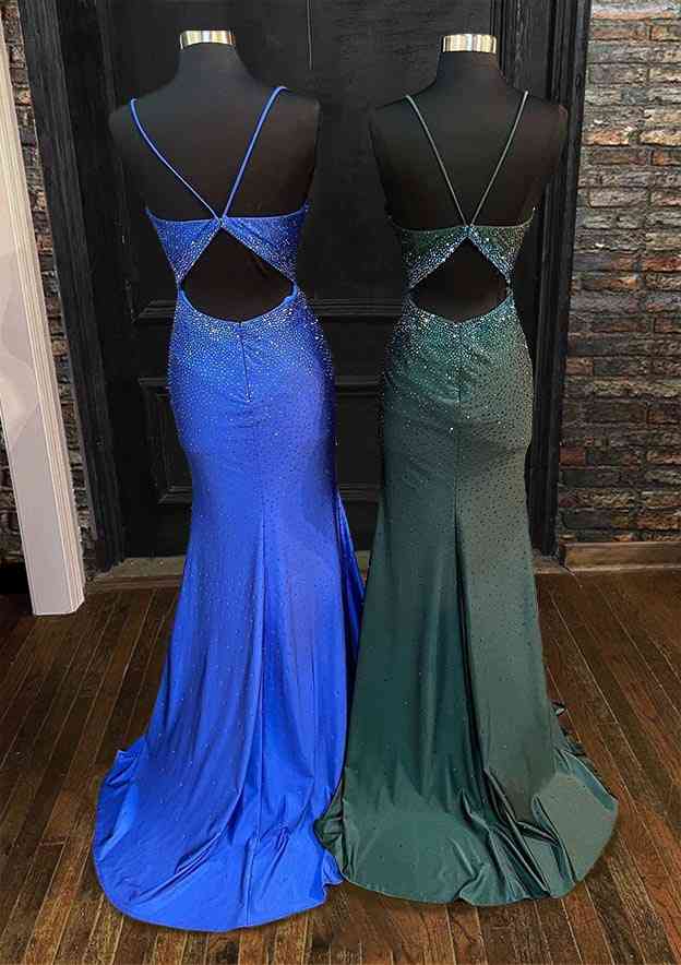 Elegant Trumpet/Mermaid V-Neck Jersey Prom Dress/Evening Dress with Spaghetti Straps & Beading - Fashionpara