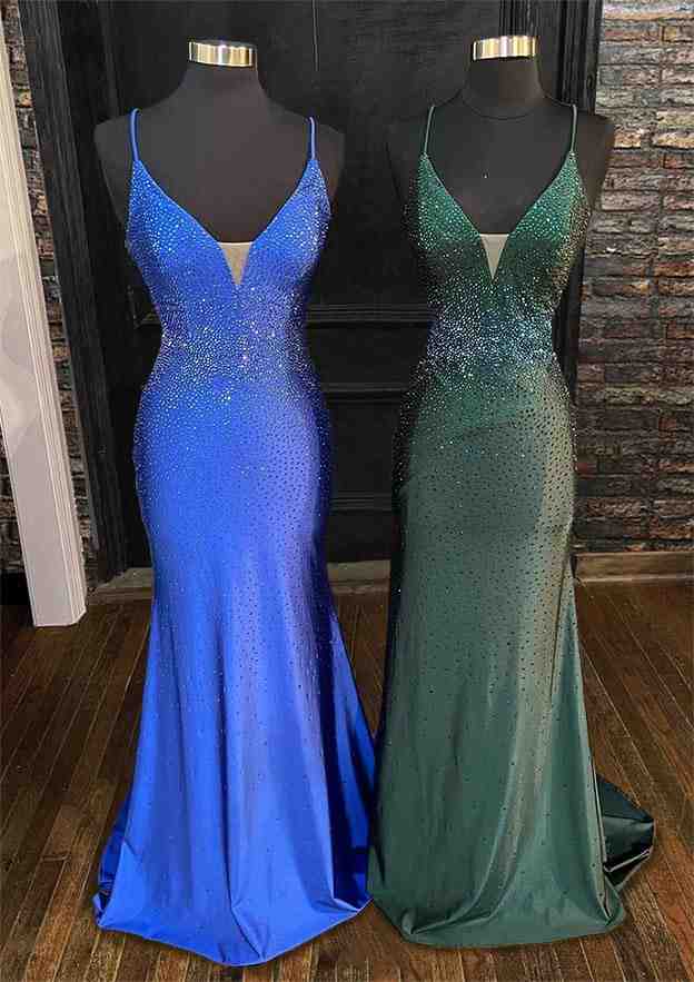 Elegant Trumpet/Mermaid V-Neck Jersey Prom Dress/Evening Dress with Spaghetti Straps & Beading - Fashionpara