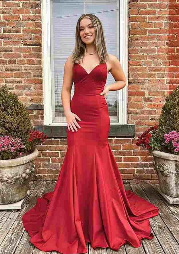 Elegant Trumpet/Mermaid V-Neck Satin Prom Dress/Evening Dress with Spaghetti Straps and Sweep Train - Fashionpara