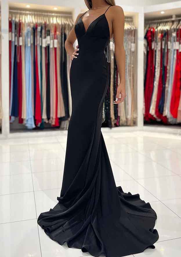 Elegant Trumpet/Mermaid V-Neck Satin Prom Dress/Evening Dress with Sweep Train - Fashionpara