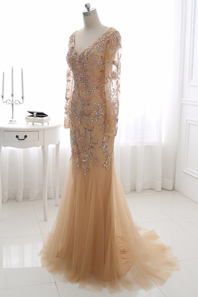 Elegant Tulle Appliques Mermaid Prom Dresses V-Neck Sleeveless Rhinestones Party Dresses On Sale - Fashionpara