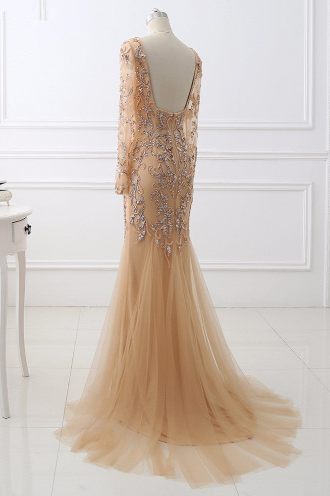 Elegant Tulle Appliques Mermaid Prom Dresses V-Neck Sleeveless Rhinestones Party Dresses On Sale - Fashionpara